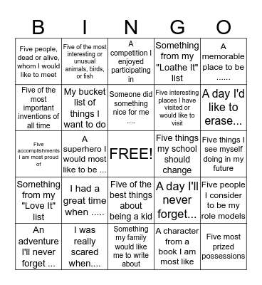 Writing Ideas Bingo  Bingo Card