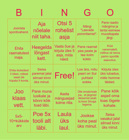 Kodune Bingo Card