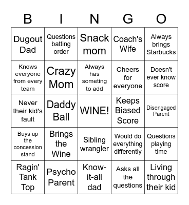 Sport Parent Bingo Card