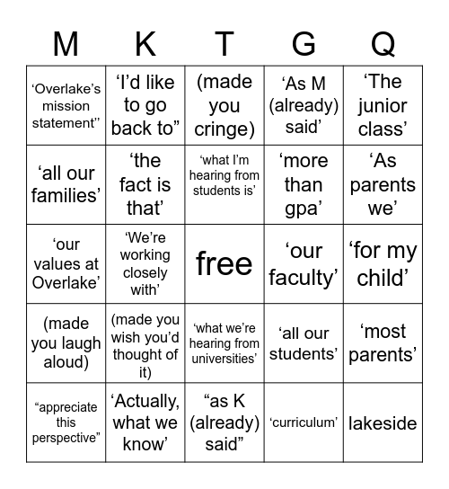 Co-op High School Bingo Card