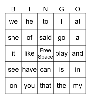 Sight Words Bingo Card