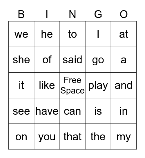 Sight Words Bingo Card