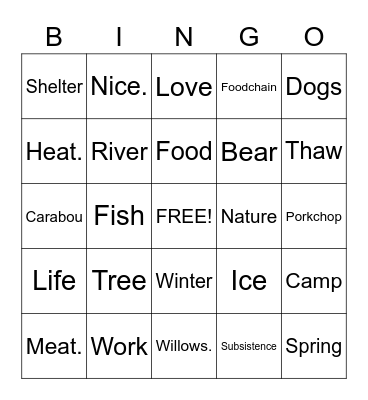 Life Below Zero Bingo Card