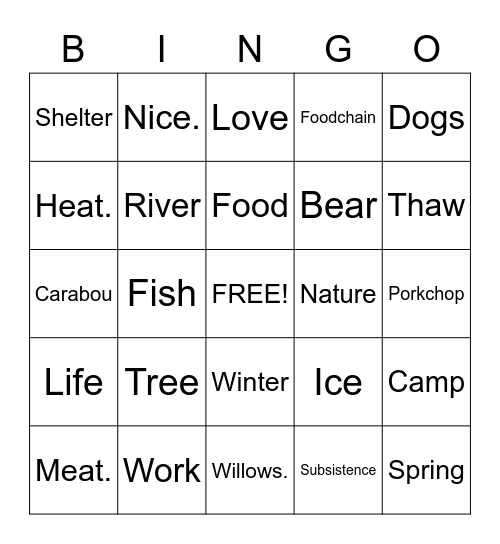 Life Below Zero Bingo Card