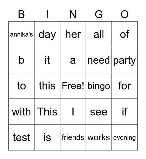 Annika B-day Test Bingo Card