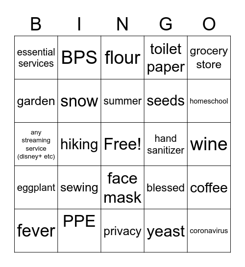 Pandemic Bingo Card