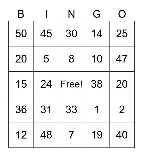 Family Fun Night Bingo Card