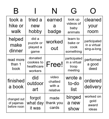 Girl Scout Quarantine Bingo Card