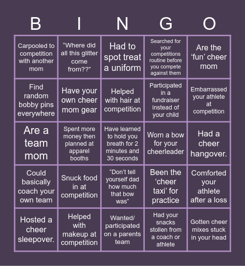 Cheer Mom Bingo Card