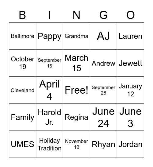 Jewett Bingo Card