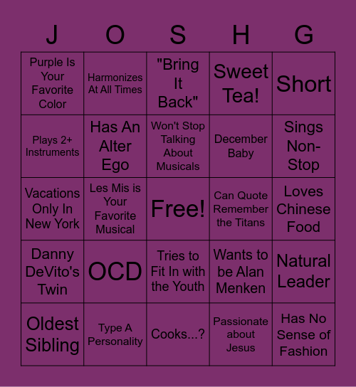 Are You Josh Bingo Card