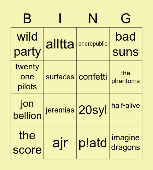 nine's music bing Bingo Card