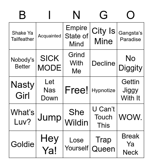 Hip-Hop Music Bingo Card