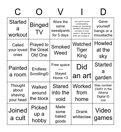 COVID-19 BINGO Card