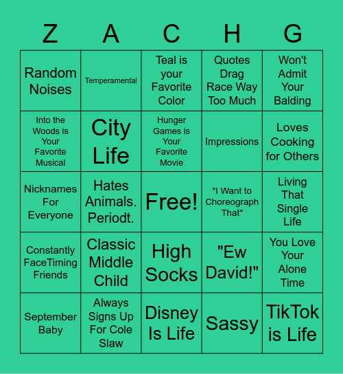 Are You Zachary Bingo Card
