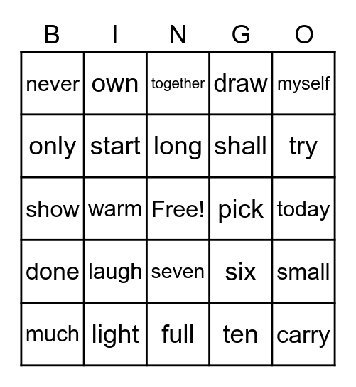 Caden's Sight Words Bingo Card