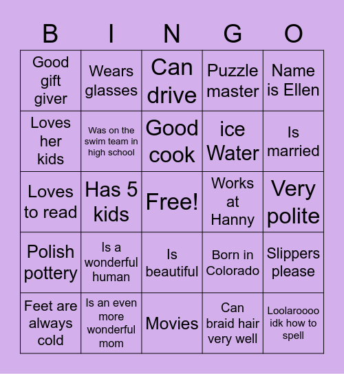 M O M Bingo Card