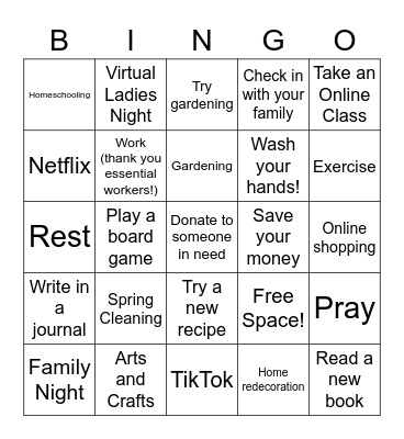 Quarantine Activities Bingo Card