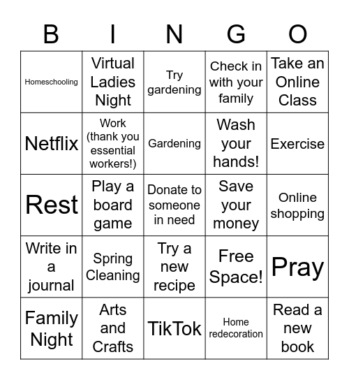Quarantine Activities Bingo Card