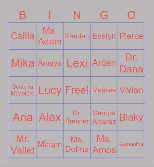 Pre-K Name Bingo Card