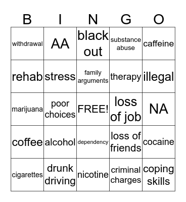 Drug and alcohol Bingo Card