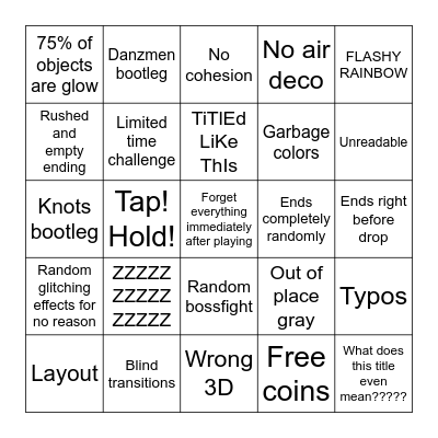 Rated Levels Bingo Card