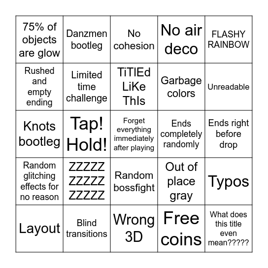 Rated Levels Bingo Card