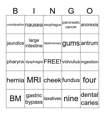Digestive Bingo Card