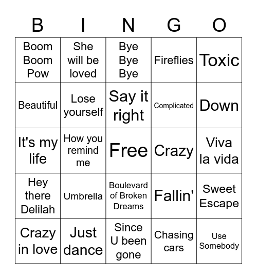 Hits of the 2000's real one Bingo Card
