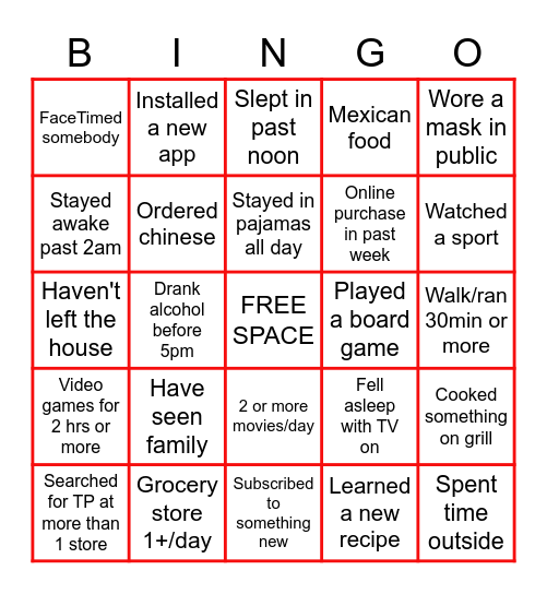 Quarantine BINGO Card