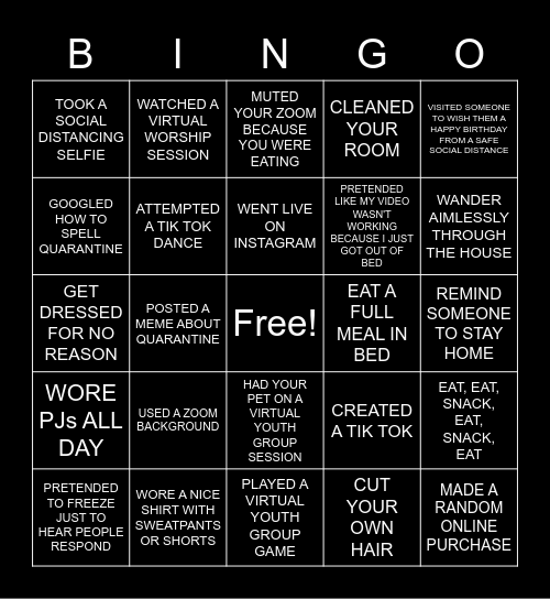 Youth Ministry Social Distancing BINGO! Bingo Card