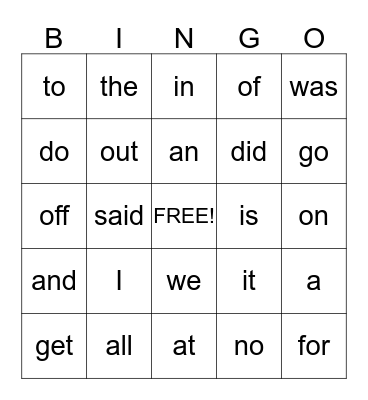 Sight Words Bingo Card