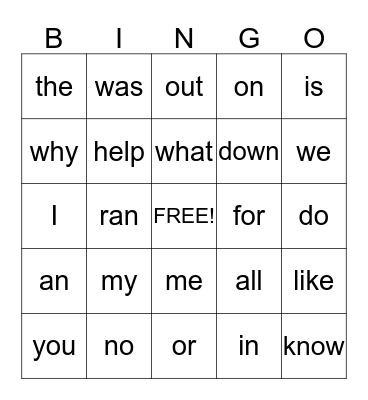 Sight Words Bingo Card