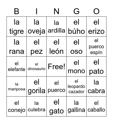 Los Animales Bingo Card