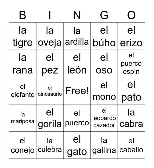 Los Animales Bingo Card
