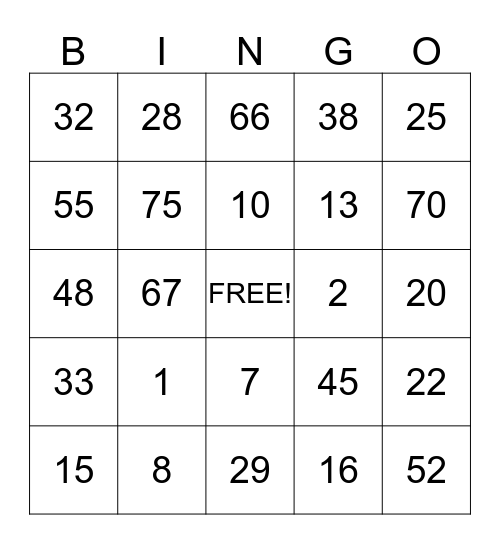 Number Bingo Card
