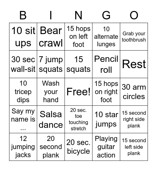 Fun Workout 2 Bingo Card