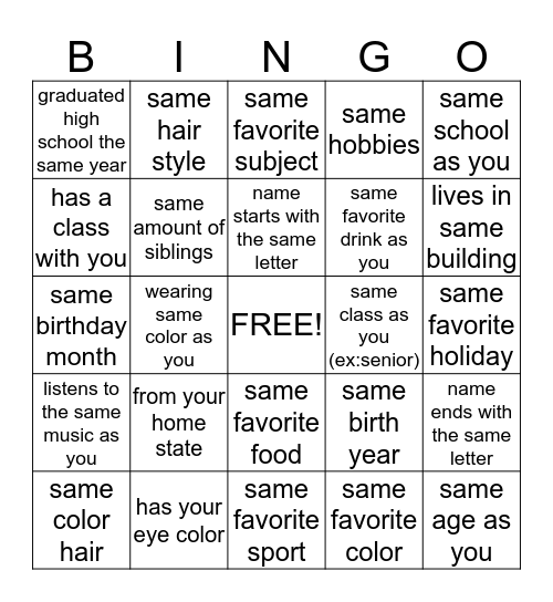 GET TO KNOW YOU BINGO! Bingo Card