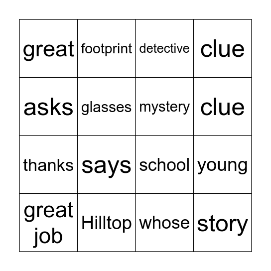 Hilltop School for Young Detectives Bingo Card