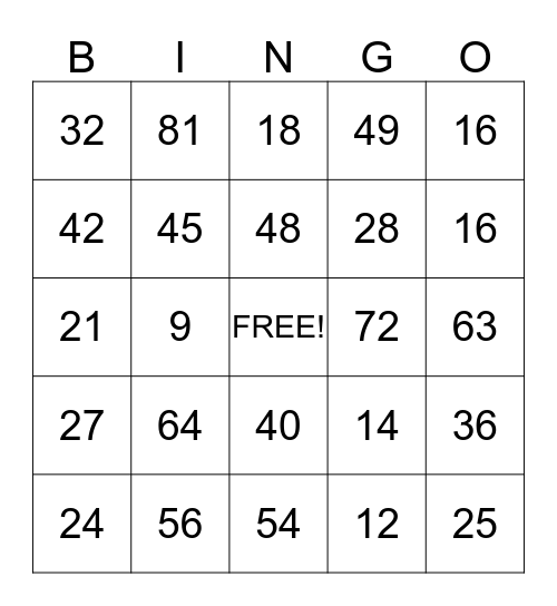 Mrs Armstrong All multiplication Facts Bingo Card