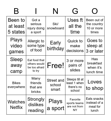 Ethan’s Bingo Card