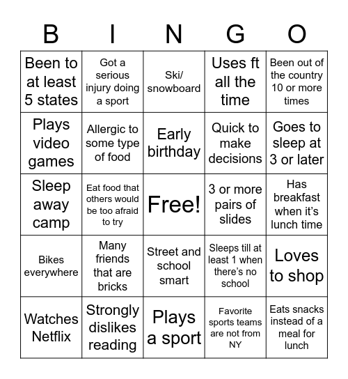 Ethan’s Bingo Card