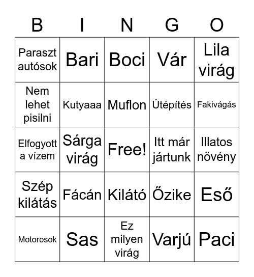 Kirándulás Bingo Card
