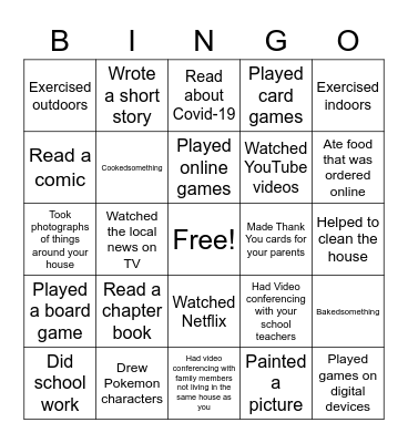 Stay Home Activities Bingo Card