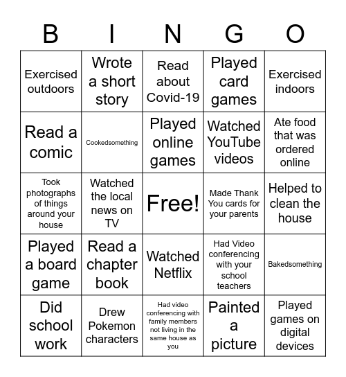 Stay Home Activities Bingo Card