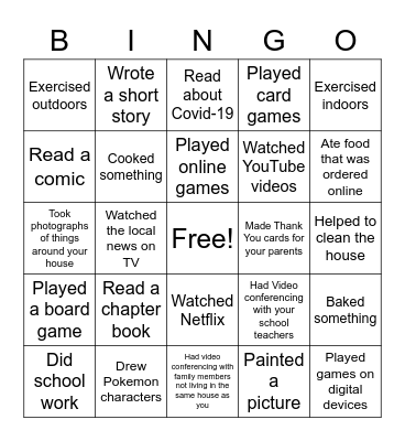 Stay Home Activities Bingo Card