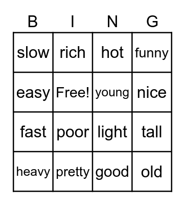 Comparative Adjectives Bingo Card