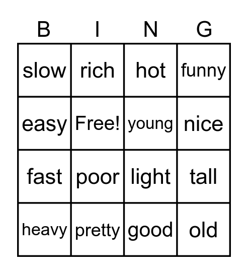 Comparative Adjectives Bingo Card