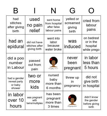 Birth Story Bingo Card