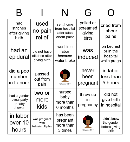 Birth Story Bingo Card
